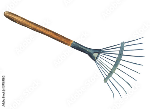 Garden hand rake isolated on white background. Blue and brown tool. Watercolor hand drawing illustration.