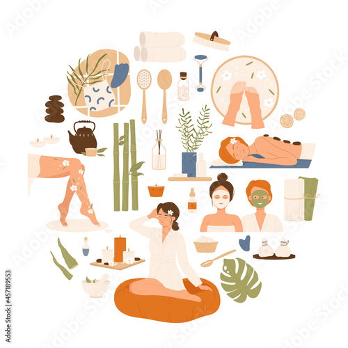 Beauty spa icon set. Spa visitors and medical natural therapy concept. Vector illustration in cartoon style. Isolated on white background.