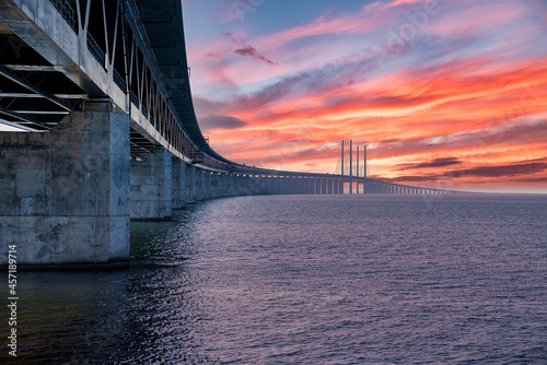 Panoramic view of the Oresundsbron bridge between Denmark and Sweden. Oresund Bridge view at sunset.