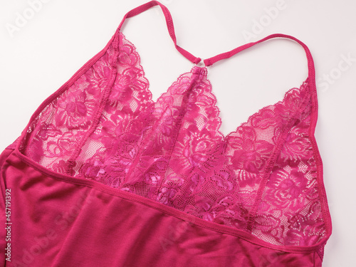 Pink lingerie. Women red pink  lace lingerie ,  on white background. Postcard for Womens Day. underwear
