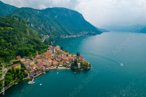 Aerial view of Varenna village. Varenna is a picturesque and traditional village, located on the eastern shore of Lake Como, Italy