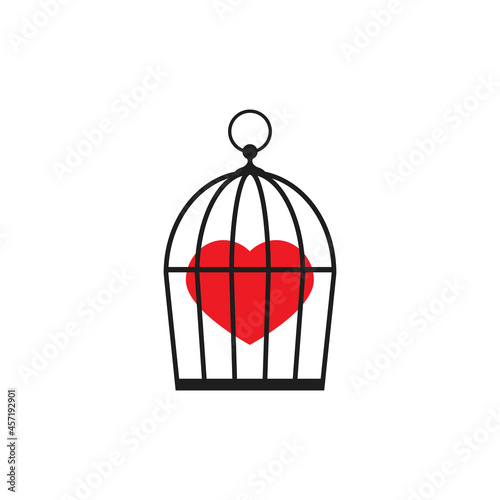 Locked bird cage with red heart icon. Trap, imprisonment, jail concept.