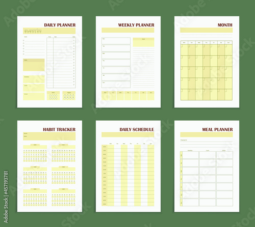 Planner template, vector elements for calendars and organizers, diary pages with habit tracker, weekly planner, year goals, daily tasks