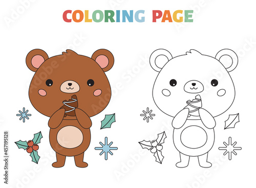 Coloring page with cute bear and Christmas cookie. Cartoon kawaii character. Forest animals. Happy New Year. Vector illustration. © Kristina