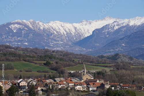 panoramic view of chorges village in the mountains of the alps france