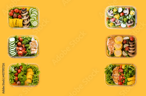 Fresh delivery of healthy food to the office. Top view of grocery yellow background