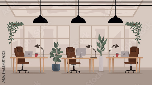 Loft modern open space office interior. Flat vector workplace.
