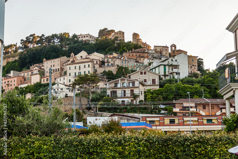 San Benedetto Del Tronto, Marche, Italy - June 5, 2015 - Beachfront Homes Shops & Buildings On A Cliff