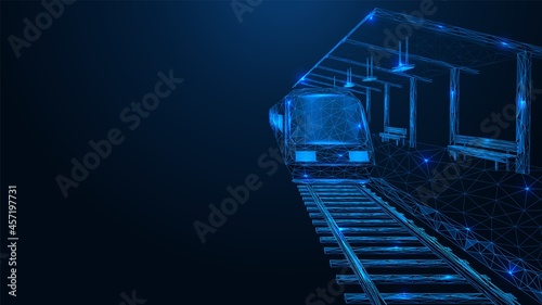 The train is at a stop point. Railway station. Polygonal construction of interconnected lines and points. Blue background.