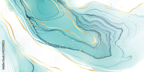 Pastel cyan mint liquid marble watercolor background with wavy lines and brush stains. Teal turquoise marbled alcohol ink drawing effect. Vector illustration backdrop, watercolour wedding invitation