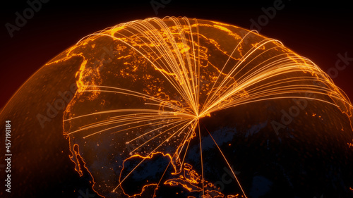 Futuristic Neon Map. Orange Lines connect Newark, USA with Cities across the Globe. International Travel or Communication Concept. photo
