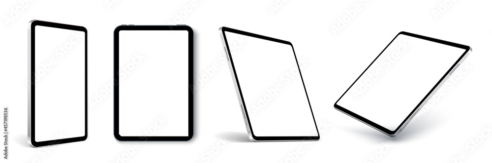 Tablet frame less blank screen, rotated position. Tablet from different angles. Mockup generic device set. UI, UX Template for infographics or presentation 3D realistic graphics tablet. - obrazy, fototapety, plakaty 
