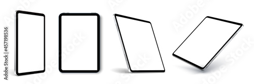 Tablet frame less blank screen, rotated position. Tablet from different angles. Mockup generic device set. UI, UX Template for infographics or presentation 3D realistic graphics tablet.