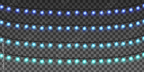 Garland lights, blue lamps in different shades. Christmas decoration. Vector transparent light effect. EPS 10