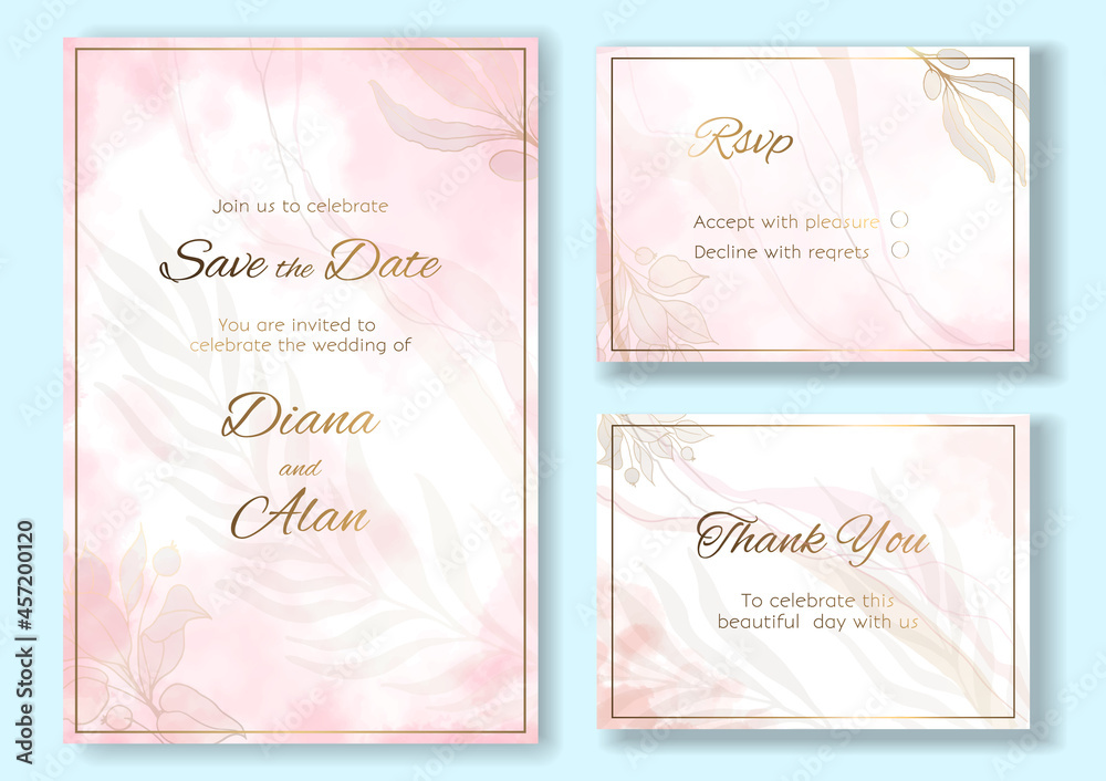 Wedding floral invitation watercolor and pastel. Save the date, thanks. RSVP card design. Golden delicate pink flowers. Set of vector art templates