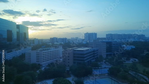 Time-lapse view of the sunset over the city.