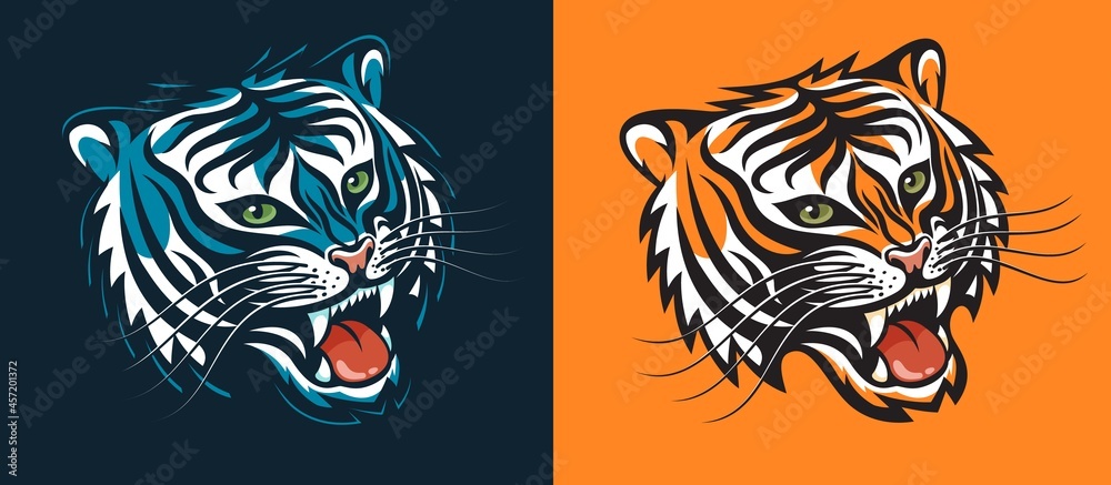 Fototapeta Half-turn tiger head growls - logo style. Black water tigress. Vector illustration.
