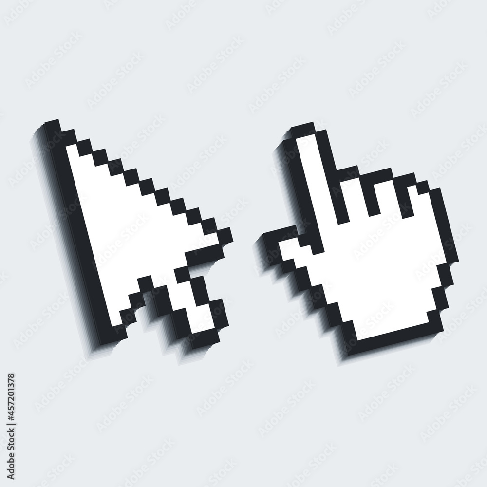 Pixelated Hand And Mouse Cursor. Vector illustration.