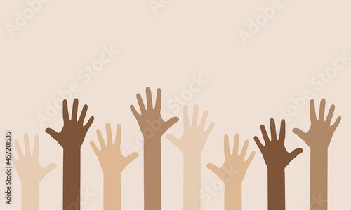 Hands raised up. People of different nationalities. Vector banner raised his hand. Harmony of multicultures. Peace Sign Equality. Vector Illustration. EPS 10