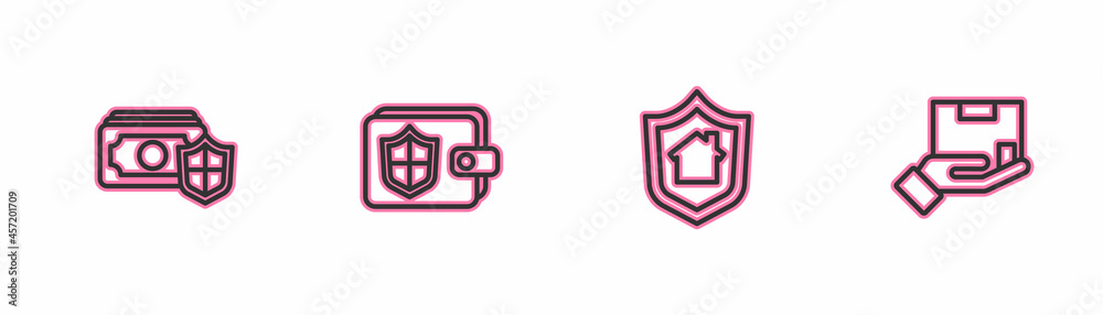 Set line Money with shield, House, Wallet and Delivery insurance icon. Vector Set line Money with shield, House, Wallet and Delivery insurance icon. Vector
