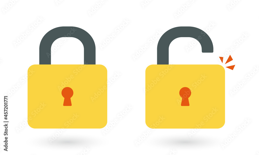 Lock open and lock closed vector icons isolated on white background, yellow padlocks shapes illustration, flat cartoon locks set design. Lock open and lock closed vector icons isolated on white background, yellow padlocks shapes illustration, flat cartoon locks set design.
