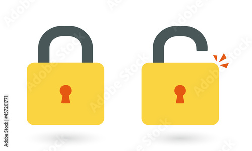 Lock open and lock closed vector icons isolated on white background, yellow padlocks shapes illustration, flat cartoon locks set design.