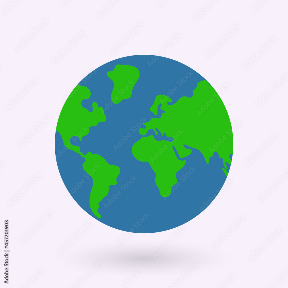Globe world map with shadow on white background. Realistic world map in globe shape. Vector Illustration.