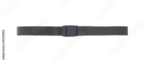 Black textile belt with plastic buckle isolated on white background