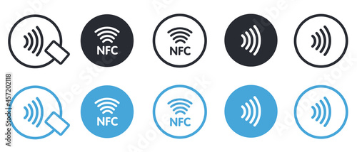 NFC icon set. Contactless wireless pay sign logo. NFC technology contact less credit card. Contactless payment logo. NFC payments icon for apps. photo
