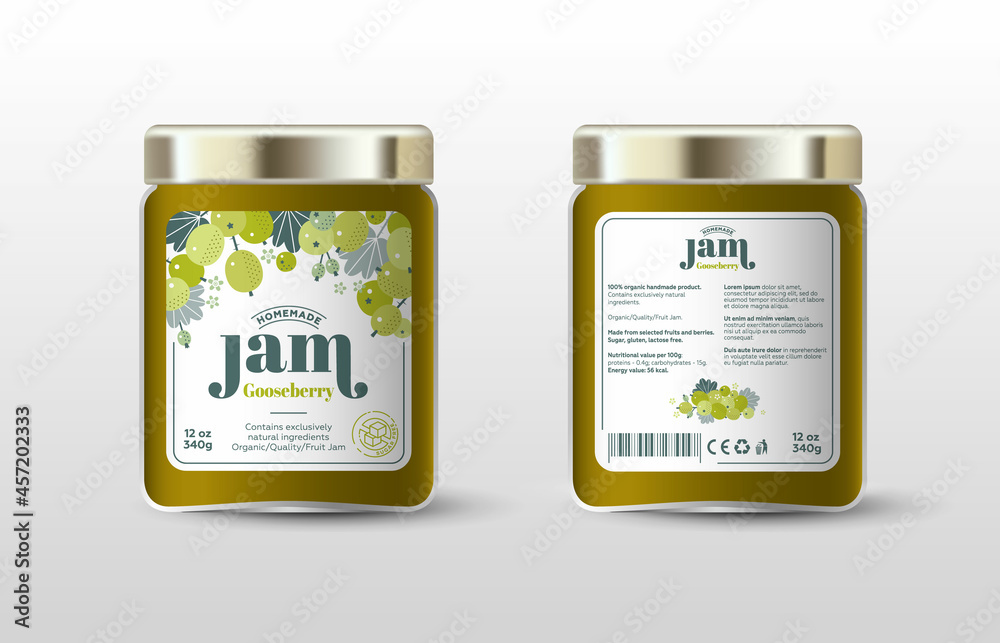 Gooseberry mix, wild berries jam. Label for jar and packaging. Berries, leaves and flowers, text, sugar free icon Gooseberry mix, wild berries jam. Label for jar and packaging. Berries, leaves and flowers, text, sugar free icon