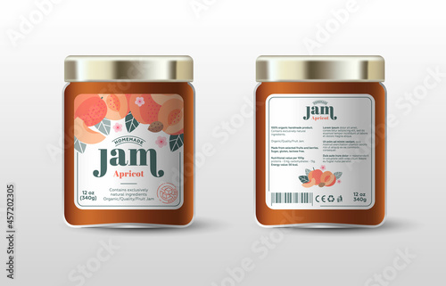 Apricot jam. Label for jar and packaging. Whole and cut fruits, peach seeds, leaves and flowers, text, sugar free icon.