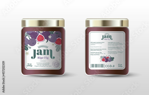 Fig jam. Label for jar and packaging. Whole and cut fruits, leaves and flowers, text, sugar free icon.