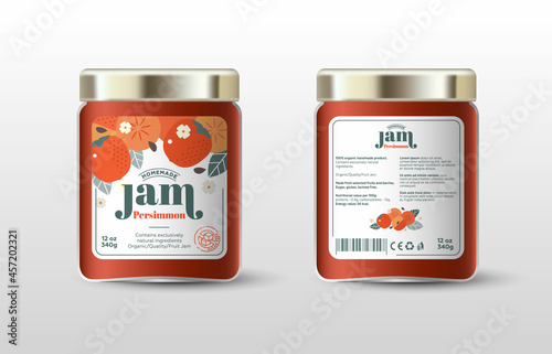 Persimmon jam. Label for jar and packaging. Whole and cut fruits, leaves and flowers, text, sugar free icon.