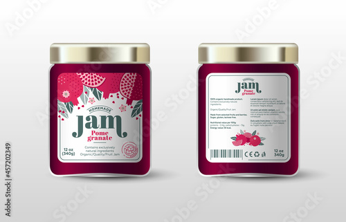 Pomegranate jam. Label for jar and packaging. Whole and cut fruits, leaves and flowers, text, sugar free icon.