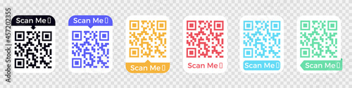 QR code scan for smartphone. Qr code frame vector set. Template scan me Qr code for smartphone. QR code for mobile app, payment and phone. Scan me phone tag. Vector illustration.
