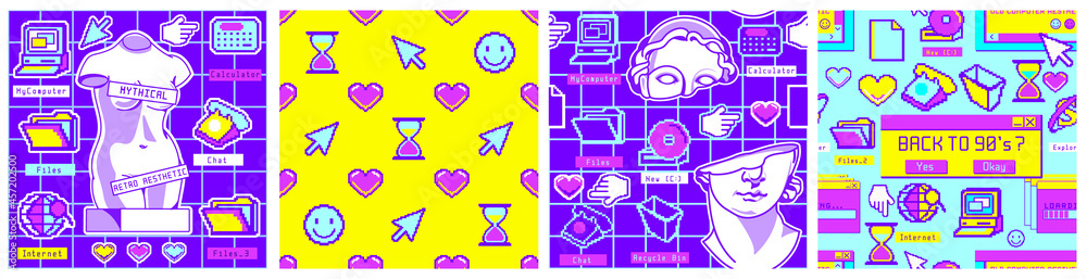 Seamless patterns and square posters set .Old computer illustration in trendy vapor wave style. Wallpaper for social network, banners, for promotion.Pack of retro computer elements. Nostalgia for 90's - obrazy, fototapety, plakaty 
