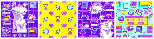 Seamless patterns and square posters set .Old computer illustration in trendy vapor wave style. Wallpaper for social network, banners, for promotion.Pack of retro computer elements. Nostalgia for 90's photo