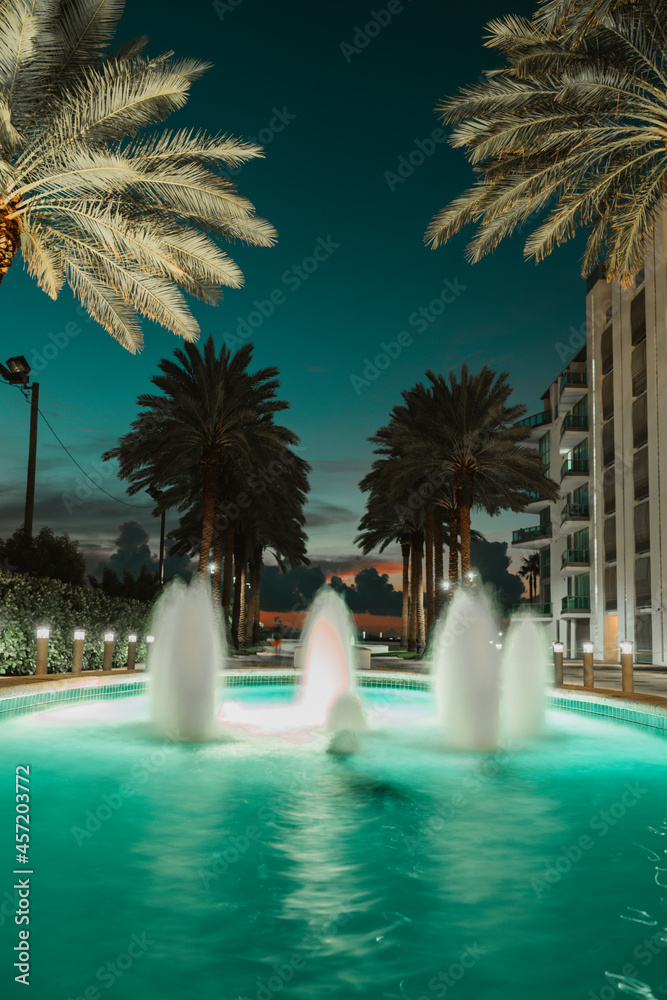 Obraz premium pool in the night water fountain palms luxury miami Brickell 