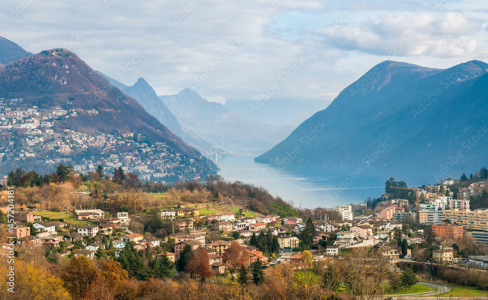 View from Collina d'Oro or Golden Hill of the Gentilino village, district of Lugano in canton Ticino, Switzerland