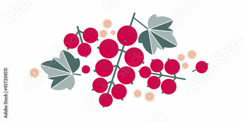Red currant berries. Flat illustration. Red berries, leaves and flowers.
