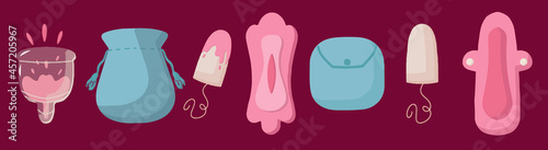 A collection of women's eco-friendly pads, menstrual cup, tampons, girls ' panties. The concept of painful menstruation. Girly hygiene supplies. Vector illustration in a modern flat style