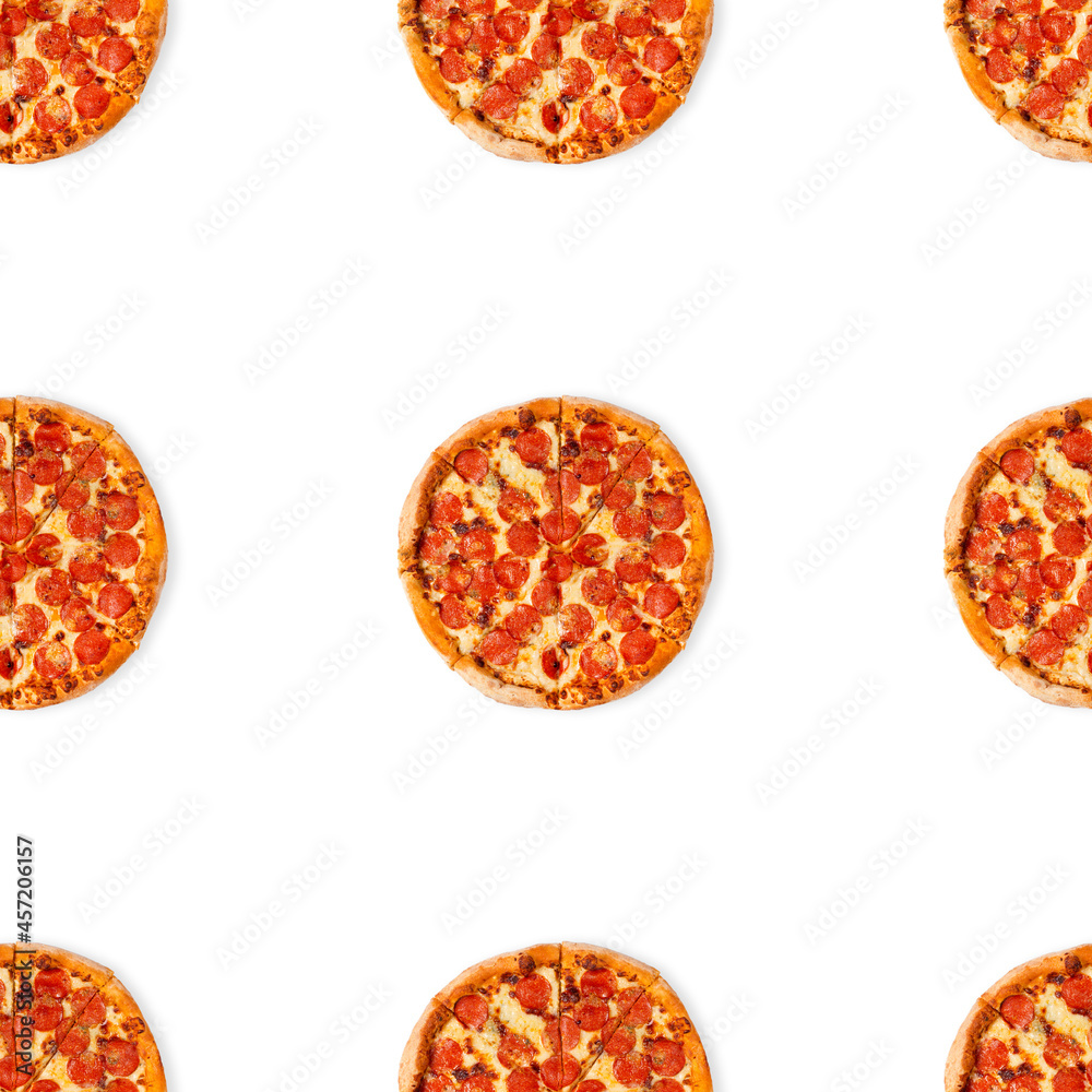 Seamless pizza pattern isolated on white background. Top view on paperoni pizza food background Seamless pizza pattern isolated on white background. Top view on paperoni pizza food background