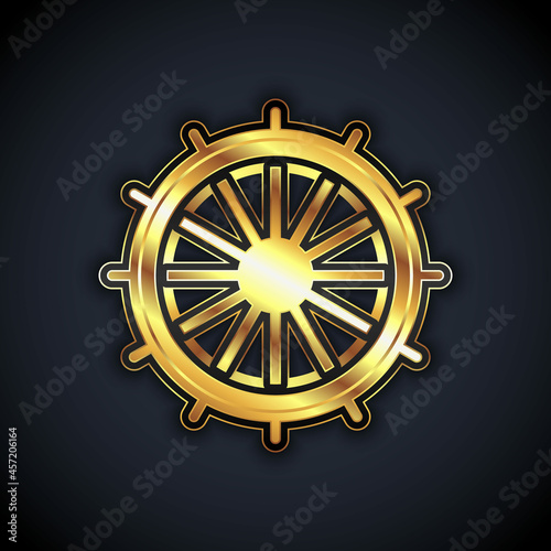 Gold Ship steering wheel icon isolated on black background. Vector