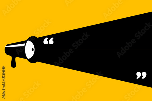 Black loudspeaker sign with quote text frame modern design. Dialog megaphone bubble on yellow background. Vector illustration