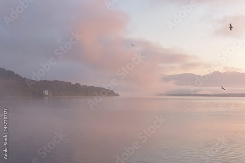 sunrise over the reservoir. A pink mist in the morning mist hovers over the water.