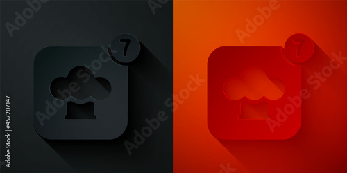 Paper cut Chef hat icon isolated on black and red background. Cooking symbol. Cooks hat. Paper art style. Vector