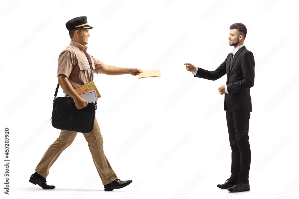 Full length profile shot of a mailman delivering a letter to a businessman - obrazy, fototapety, plakaty 