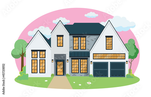 Cartoon house exterior with blue clouded sky Front Home Architecture Concept Flat Design Style. Vector illustration of Facade Building © MarySan