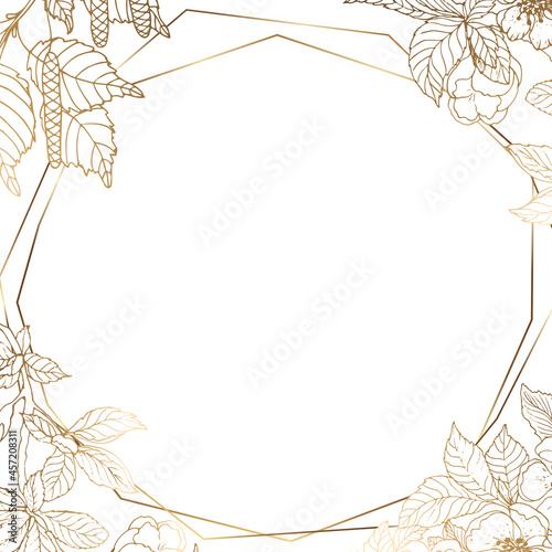Golden six-cornered frame with a branch of cherry and birch. Golden leaves of birch and cherry flowers. Beautiful graceful line. Shining gold. White isolated background. Vector illustration.