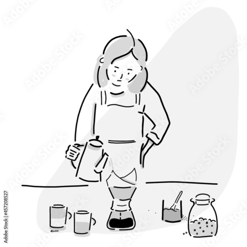 Home cafe barista makes coffee. Pouring hot water to coffee. Vector illustration. Hand-drawn icon drawing